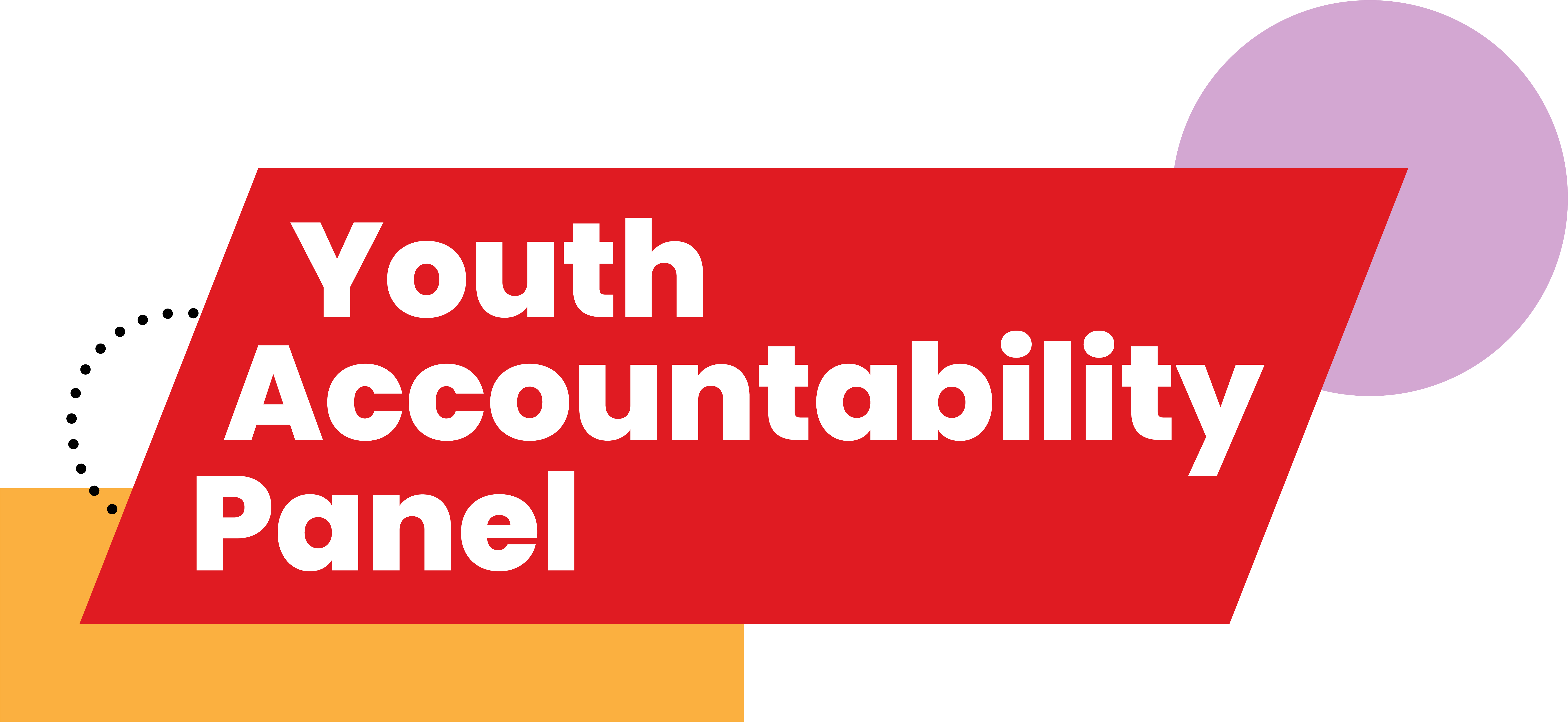 Logo with Youth Accountability Panel in the centre of a red parallelogram, with yellow rectangle and lilac circle overlapping on the left and right